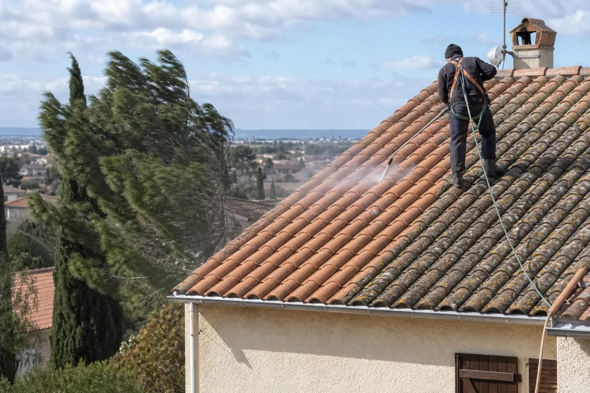 Nettoyage basse pression d&rsquo;un versant de toiture moussu sur un pavillon d&rsquo;Istres