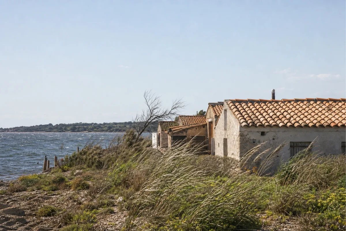 Cabanons du Jaï en bord d&rsquo;étang, toitures basses exposées au vent
