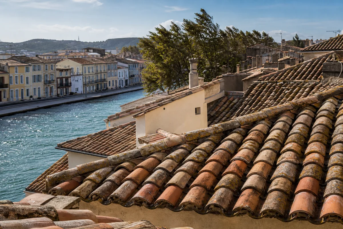 Toits en tuiles canal du quartier de l&rsquo;Île à Martigues, le long d&rsquo;un canal