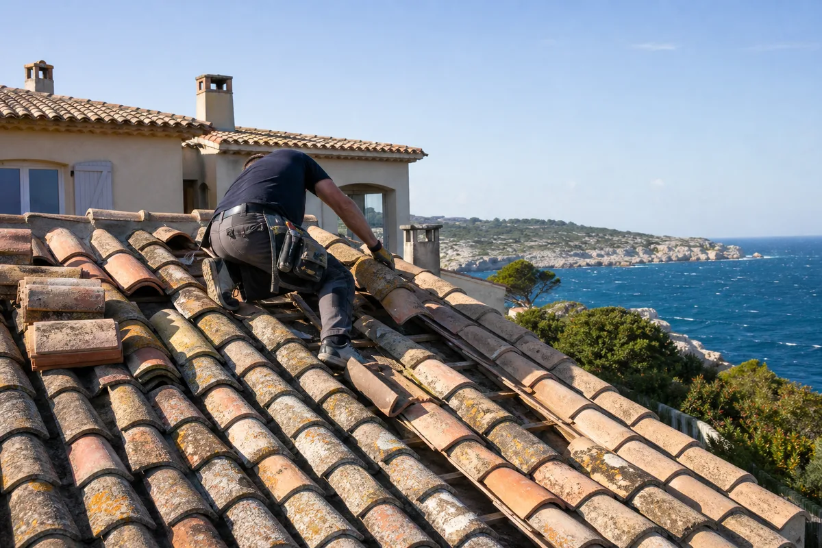 Couvreur remplaçant des tuiles sur une villa de la Côte Bleue, mer en arrière-plan