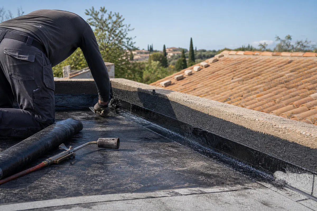 Couvreur reprenant l’étanchéité et les relevés d’un toit-terrasse à Vitrolles