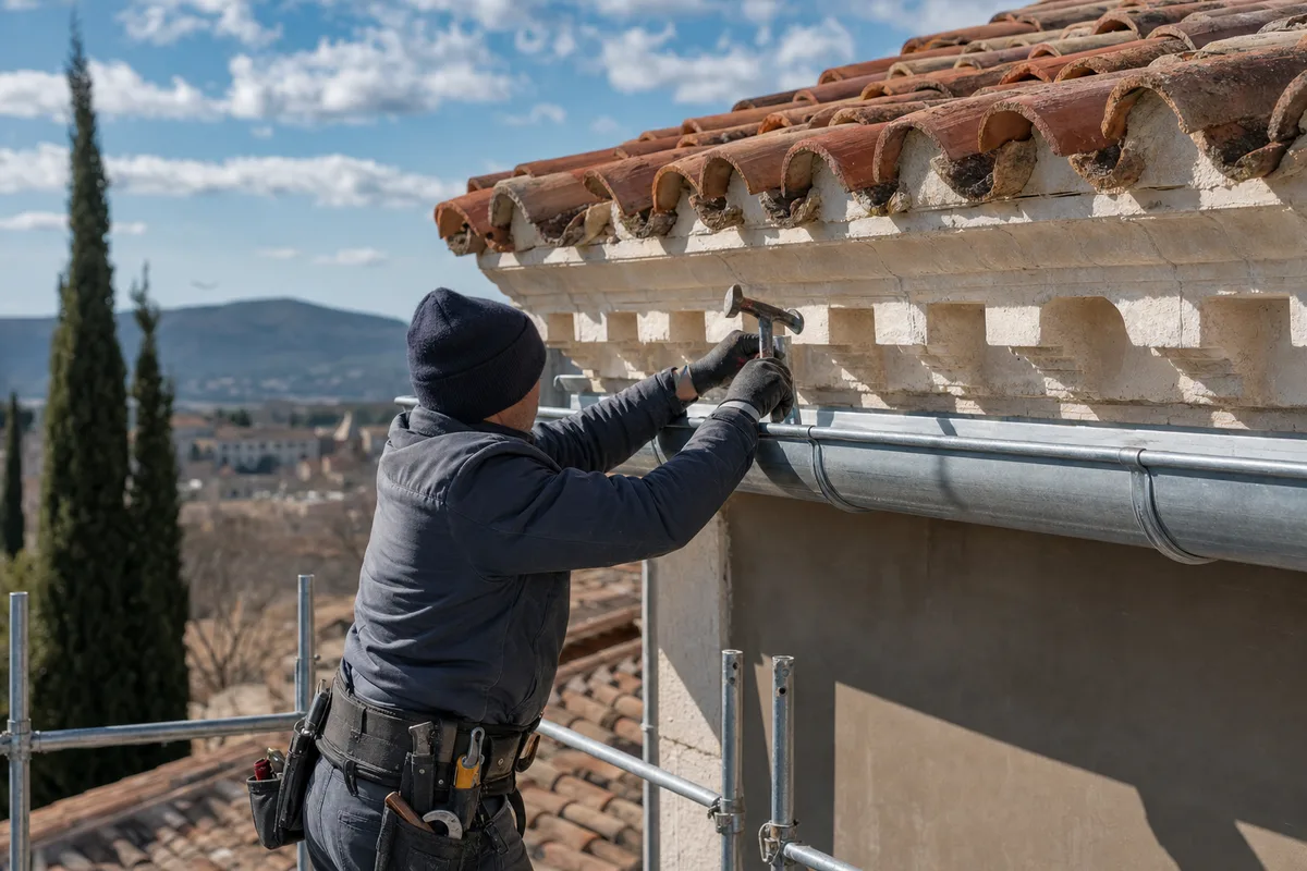 Zingueur fixant une gouttière en zinc sous une génoise provençale