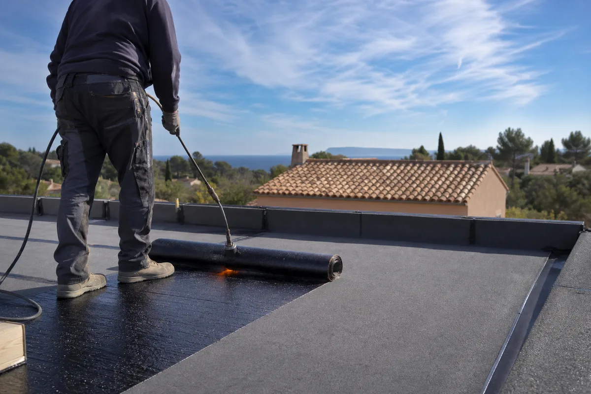 Application d’une membrane d’étanchéité sur un toit-terrasse sous le ciel provençal