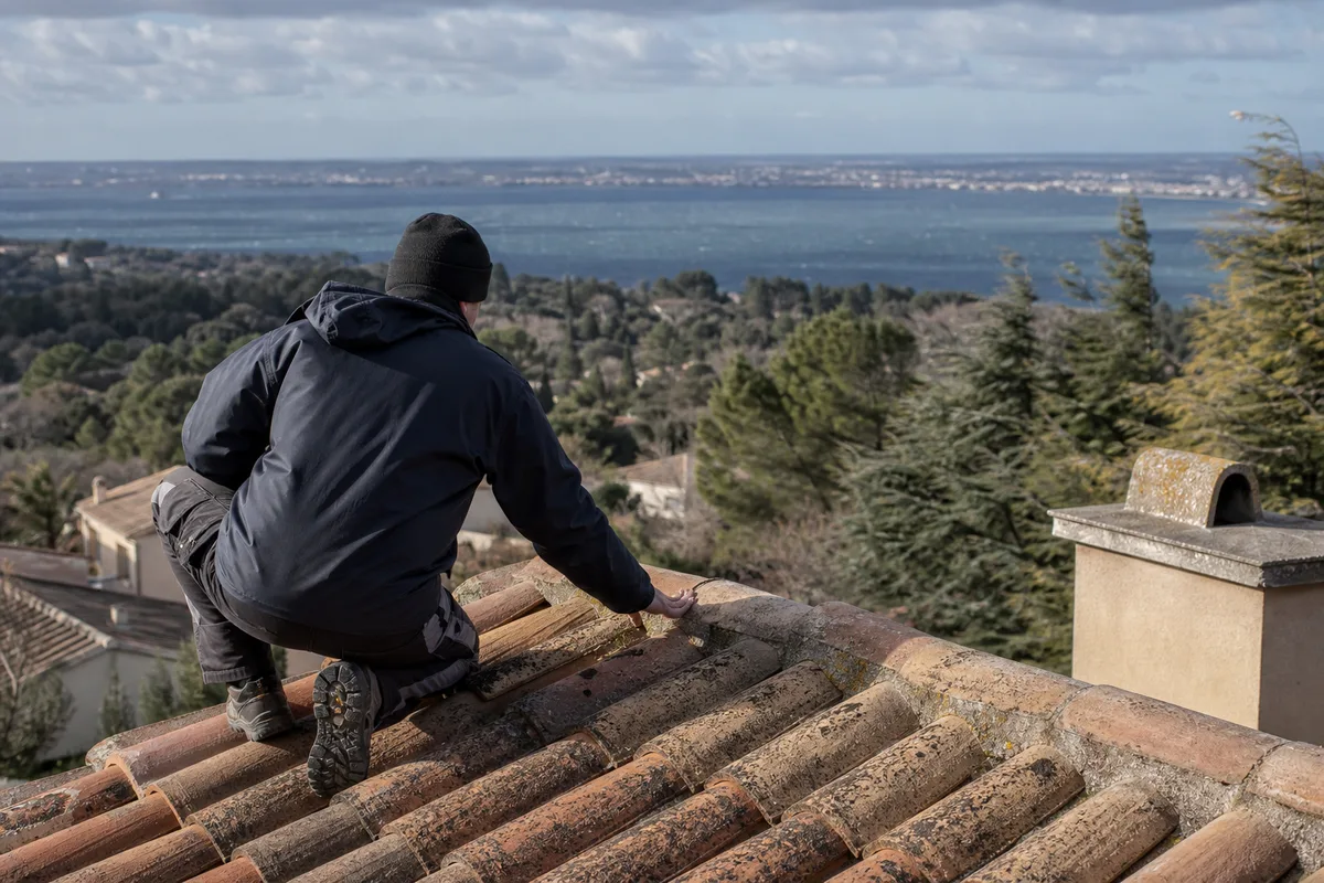 Artisan couvreur inspectant un toit provençal avec l&rsquo;étang de Berre en arrière-plan
